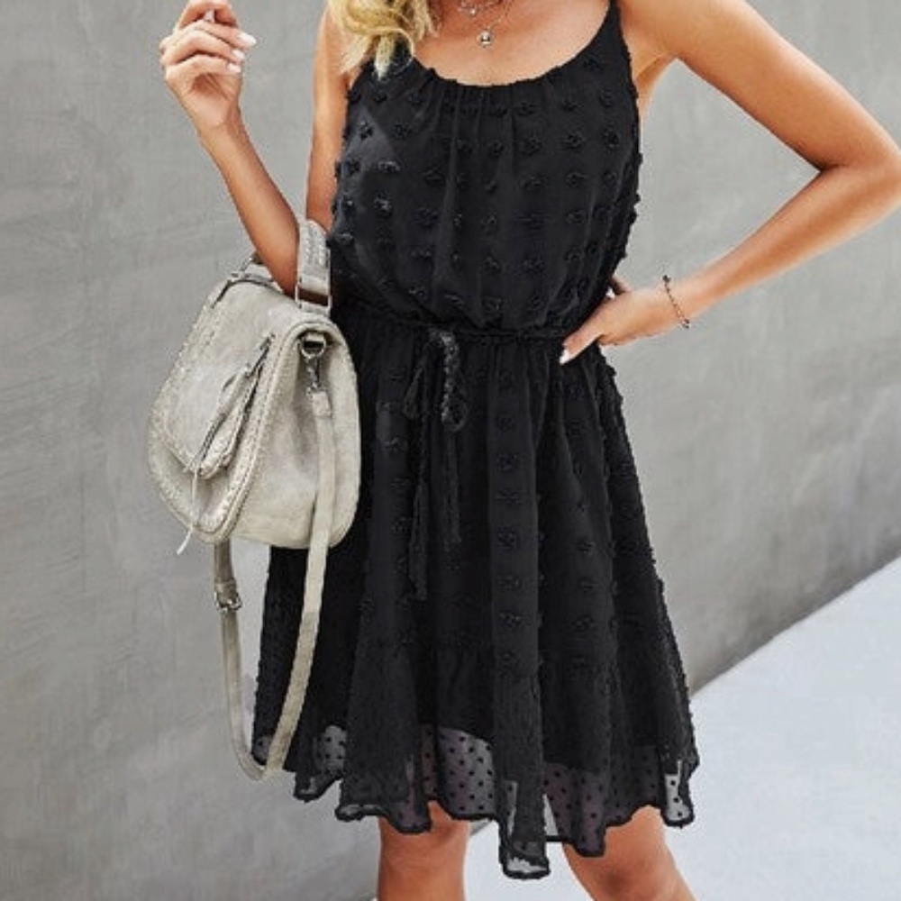 NEW! Supreme Fashion Spaghetti Strap Lined Ruffle Casual Short Dress Black Large - Picture 3 of 6